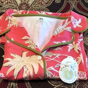 Spartina 449 Coral Pink Tropical Palm Pajama Top with Olive Trim